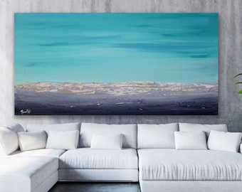 New teal beach Modern art blue Contemporary light blues and gray seascape painting abstract art textured minimal abstract art - calm waves