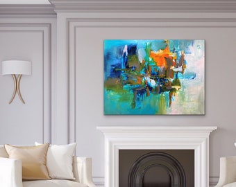 Teal blue abstract painting on canvas, modern art, living room decor, turquoise home decor gift, aqua painting, handmade wall art for home