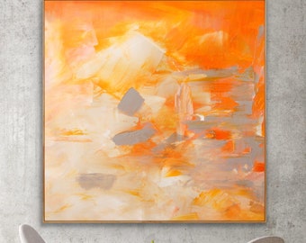 Original handmade Large Acrylic orange and white abstract Painting custom Wall Art peach gray Huge contemporary art home decor Sunrise art