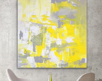 Original Large Acrylic Canvas Wall Art lemon yellow Modern Painting Wall Art Canvas light gray yellow Huge contemporary art decor yellow10