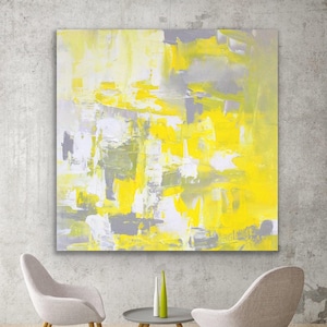 Original Large Acrylic Canvas Wall Art lemon yellow Modern Painting Wall Art Canvas light gray yellow Huge contemporary art decor yellow10