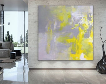 Original Large Acrylic Canvas Wall Art lemon yellow Modern Painting Wall Art Canvas light gray yellow Huge contemporary art decor yellow11