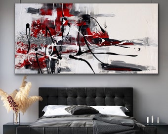 72x40 inches - Black White Red Maroon - Large abstract painting - handmade modern art - red and white home decor- art for living room decor