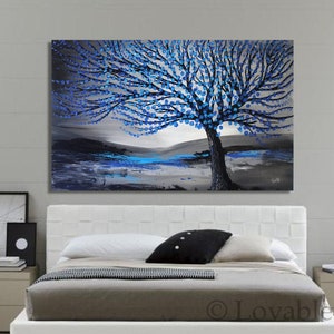 ORIGINAL blue Tree Landscape Abstract Painting 72&quot; Modern art blue petals Contemporary tree art on canvas Palette Knife textured- long life