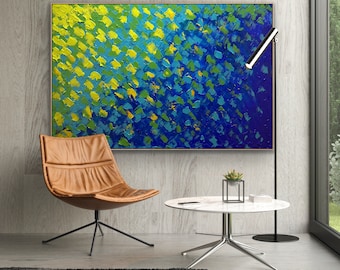 Large Teal & blue Painting On Canvas Lime Abstract Landscape Green Painting Original Artwork Contemporary Wall Art For Living Room Decor