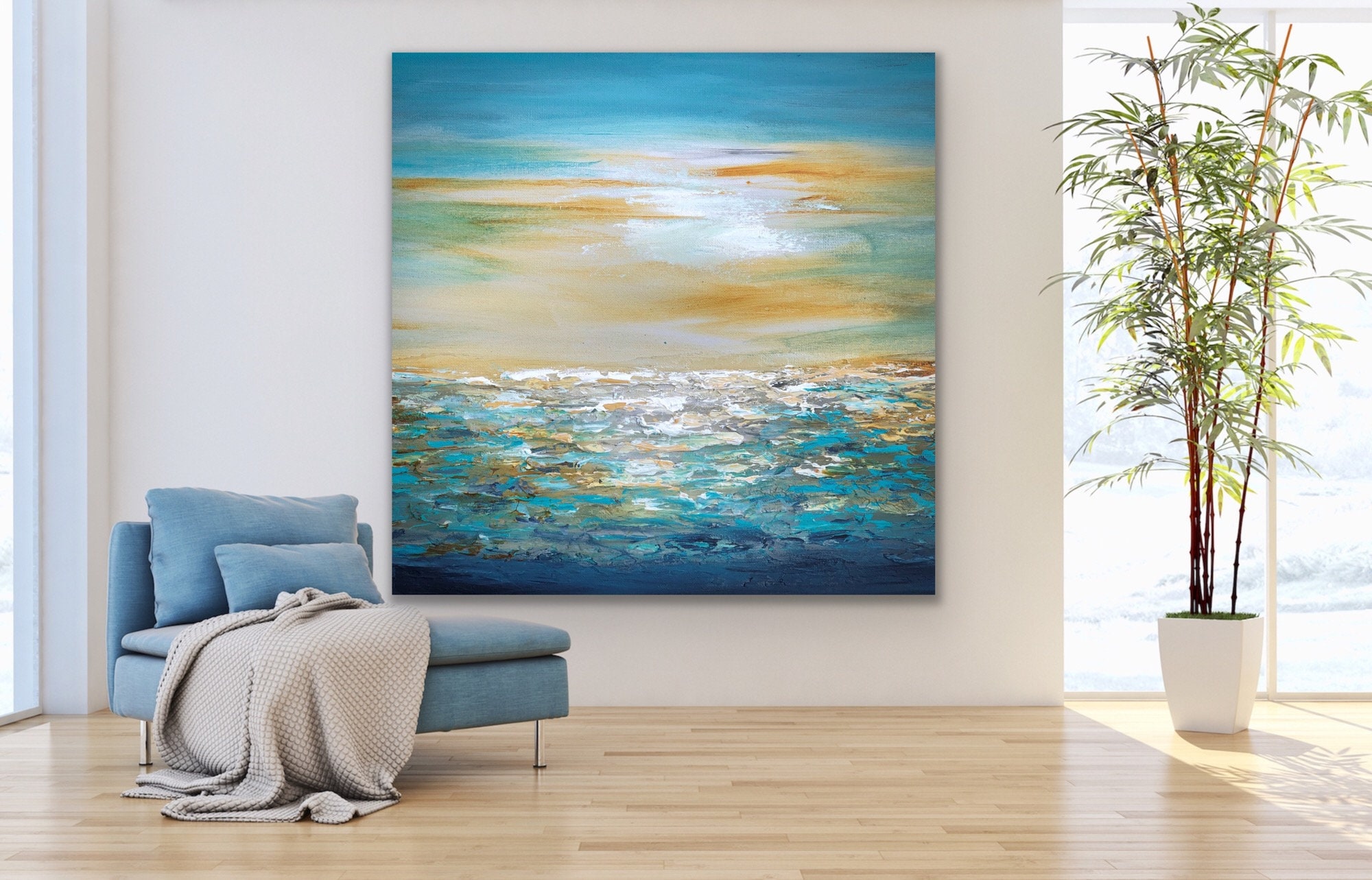 ORIGINAL Teal Blue Coastal Painting on Canvas, Beach House Wall Art