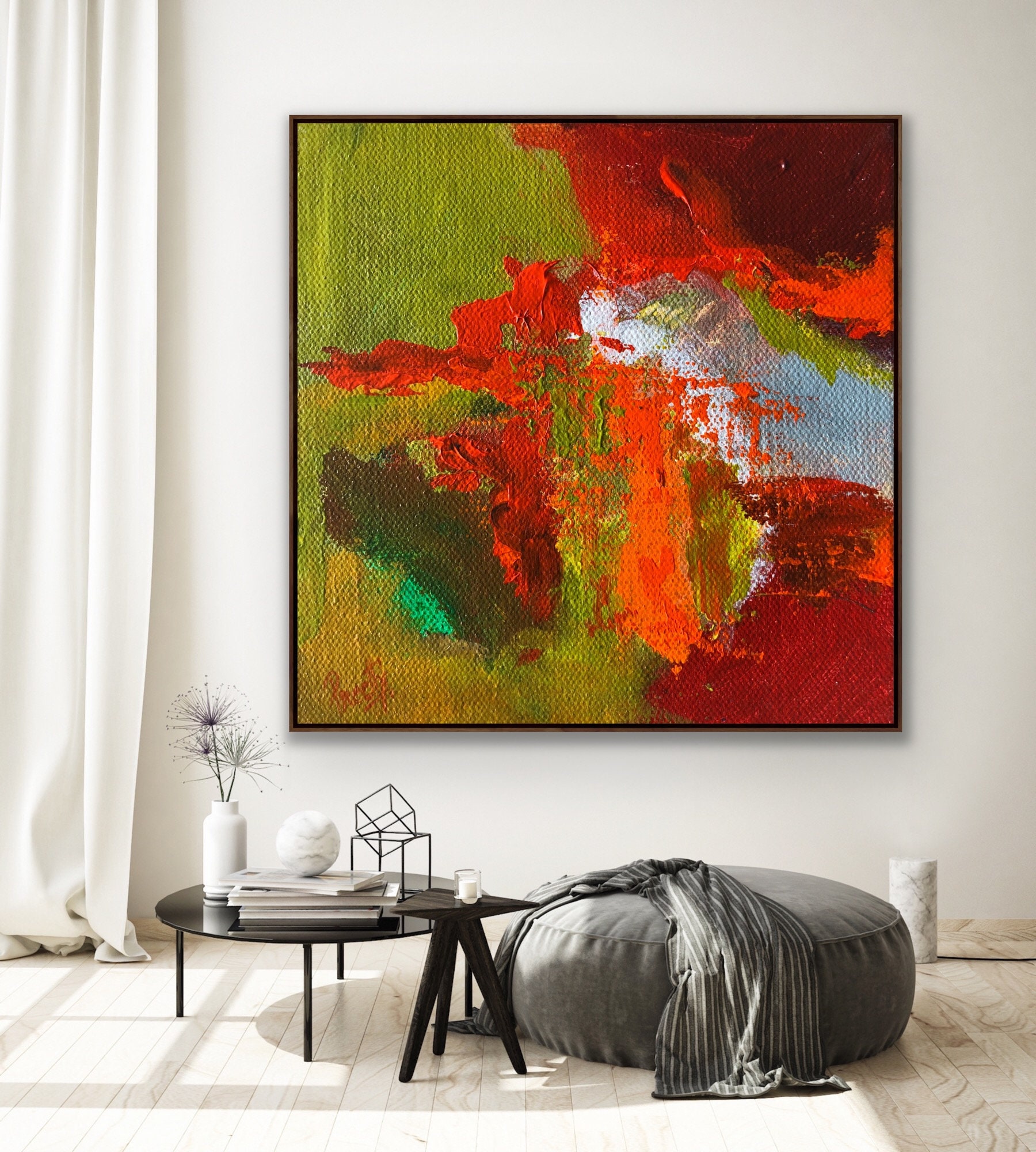 ORIGINAL Green Orange Abstract Painting Red Modern Art Green ...