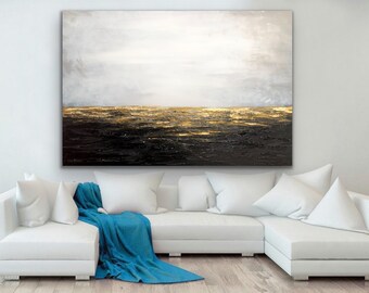 ORIGINAL gold coastal abstract painting 96" Modern art oversized custom canvas painting white black gold Contemporary Art decor Seashine