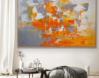 Original Large Acrylic Canvas Wall Art Orange Gray Modern Painting Wall Art on Canvas light gray yellow contemporary art decor Fire Mountain