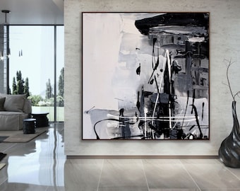 Oversized Black And White Art Original Painting On Canvas Minimalist Textured Painting Modern Oil Painting for Living Room Wall Decor -Chill