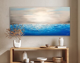 48" Instock Painting available textured Modern Contemporary Handmade Original minimal coastal beach Canvas wall decor deep blue white Gray