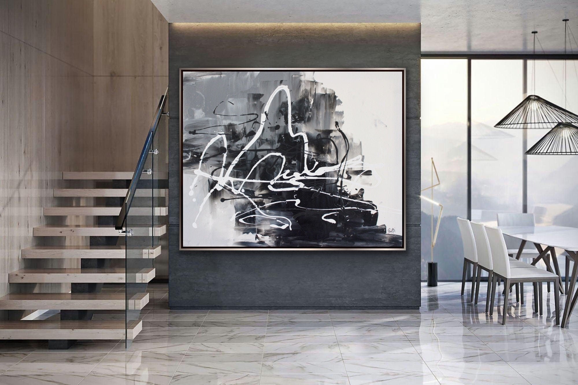 Original Large Acrylic Canvas Wall Art White Black Modern Painting Wall ...