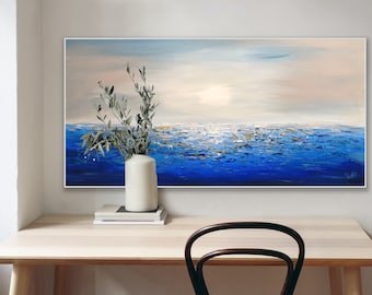 48" Instock Painting available textured Modern Contemporary Handmade Original minimal coastal beach Canvas wall decor deep blue white Gray
