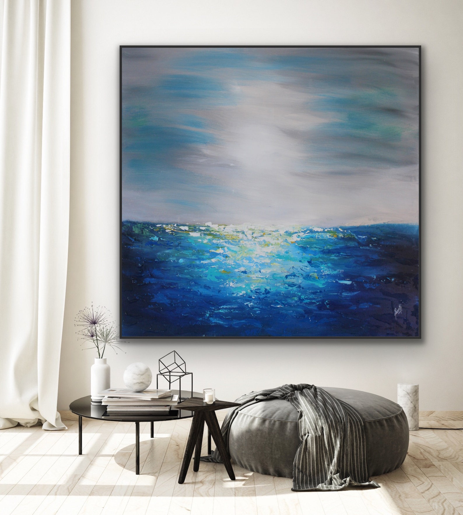 ORIGINAL Blue and Gray Abstract Painting Bluish Gray Modern Art White ...