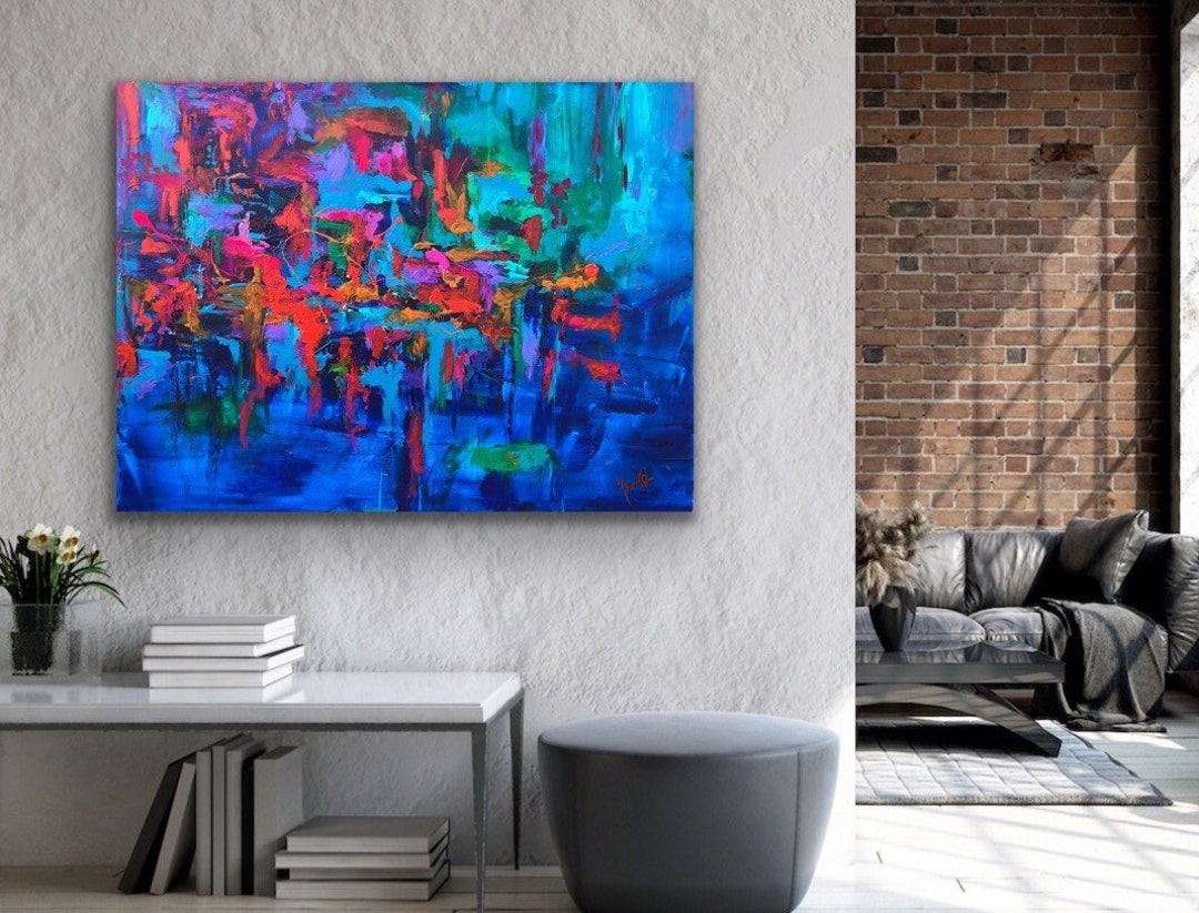 30x40 Original Abstract Blue Paintings on Canvas Pink Red Painting
