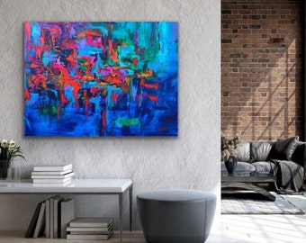 30x40" Original Abstract Blue Paintings on Canvas Pink Red Painting Textured modern Colorful Artwork on Canvas for your living room wall art