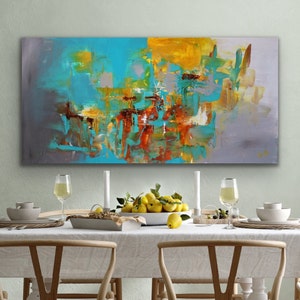 48&quot; Instock Painting- Ready to Ship Artwork- Modern Contemporary Handmade Original Abstract Art Canvas wall decor - Teal yellow orange gray
