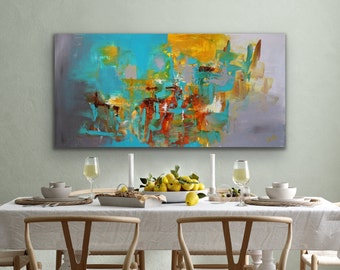 48" Instock Painting- Ready to Ship Artwork- Modern Contemporary Handmade Original Abstract Art Canvas wall decor - Teal yellow orange gray