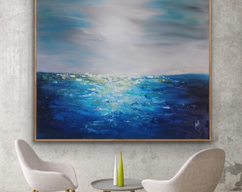 May include: Abstract painting of a blue ocean with white clouds in the sky. The painting is framed in a wooden frame.
