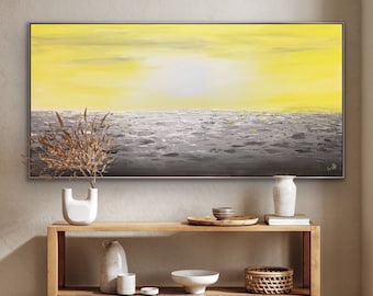 48" Instock Painting- Ready to Ship Artwork Modern Contemporary Handmade Original minimal coastal beach Canvas wall decor pastel yellow Gray