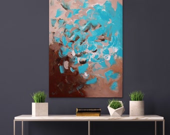 Teal blue abstract painting on canvas, framed art, moderm home decor, teal blue brown pastel painting, turquoise minimalist wall artwork