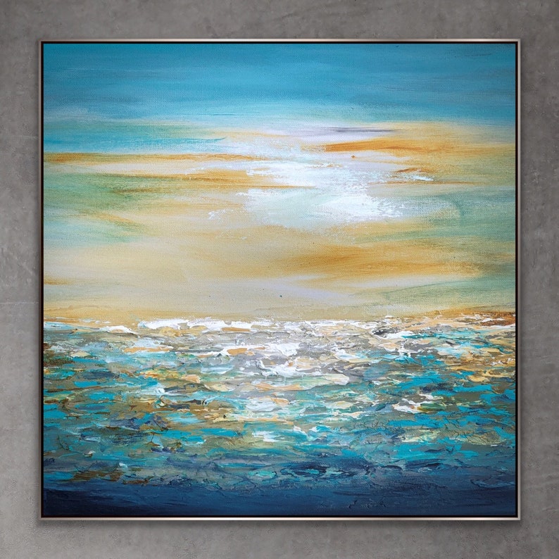 ORIGINAL Teal Blue Coastal Painting on Canvas, Beach House Wall Art ...