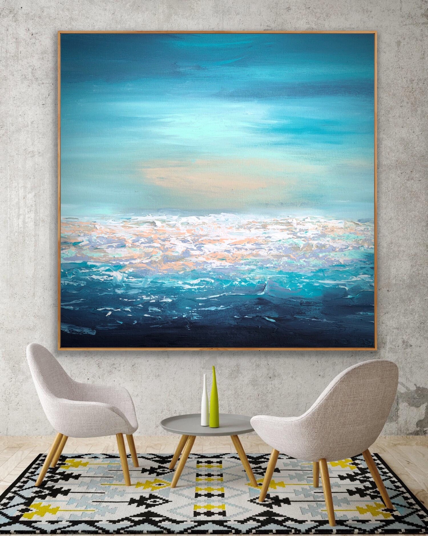 ORIGINAL Teal Blue Coastal Painting on Canvas, Beach House Wall Art ...