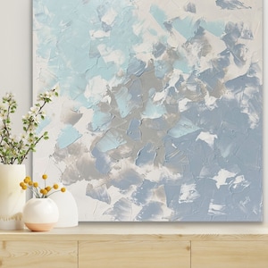 Lichtblauw abstract schilderij op canvas, kunst aan de muur thuis, klaar om artwork te verzenden, moderne kunst, minimalistische kunst, wit schilderij, getextureerde kunst, 3D