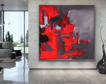 ORIGINAL Red abstract painting Gray Modern art Red and gray square Contemporary oversized 100" Huge contemporary art interior decor Empower