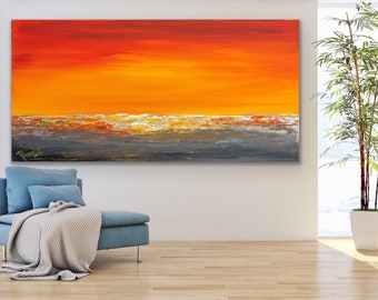 ORIGINAL custom orange yellow gray Modern art Contemporary seascape painting minimal abstract sunset Painting textured on canvas - Sunlight