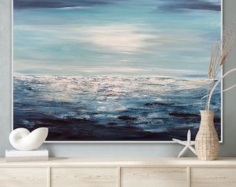48" Painting Seascape textured Modern Contemporary Handmade Original minimal coastal beach Canvas wall decor light blue white Gray
