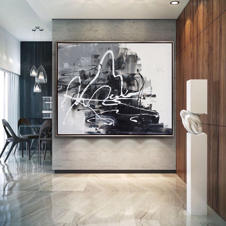 Original Large Acrylic Canvas Wall Art White Black Modern Painting Wall ...