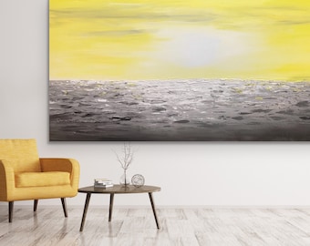 ORIGINAL gray beach Abstract Painting grey yellow wall decor black Modern art white  gray large Contemporary custom sea art decor coastal 2