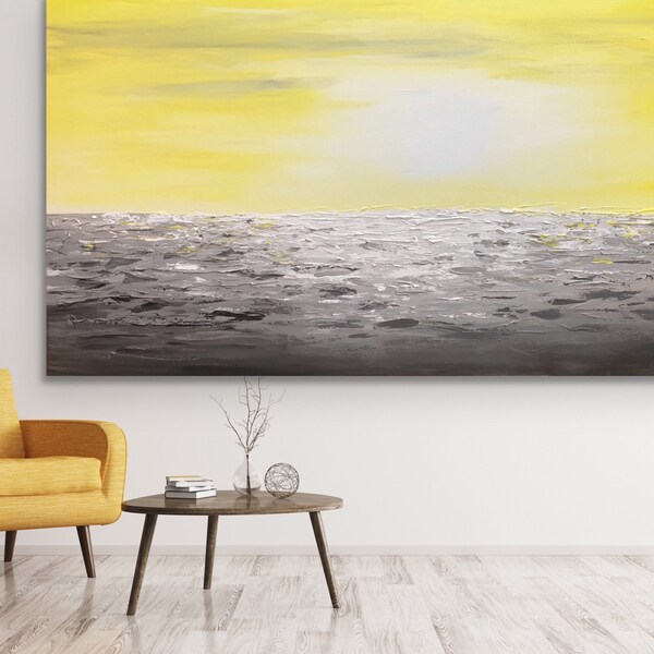Large Yellow Gray Black White Painting Etsy