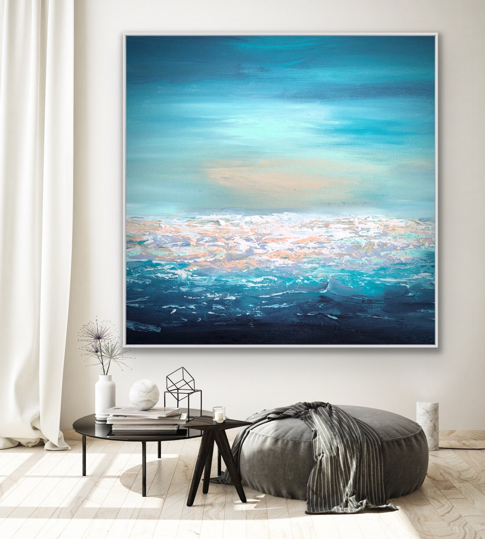 ORIGINAL Teal Blue Coastal Painting on Canvas, Beach House Wall Art ...
