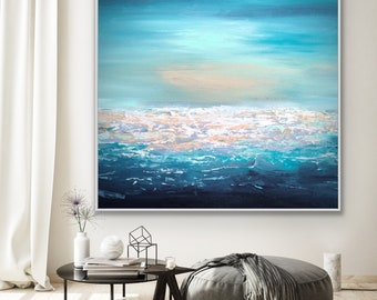 ORIGINAL teal blue coastal Painting on canvas, beach house wall art, Modern teal and white seascape painting, textured fine art  - Coastal