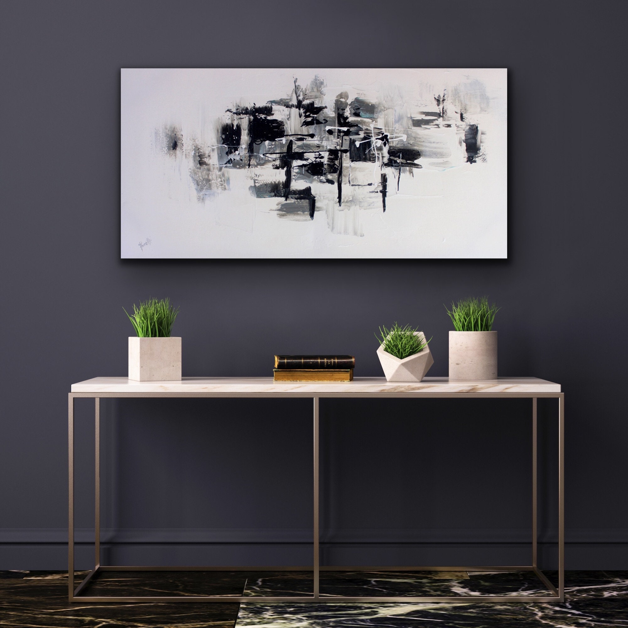 Original Large Acrylic Canvas Wall Art Black and White Modern Painting ...