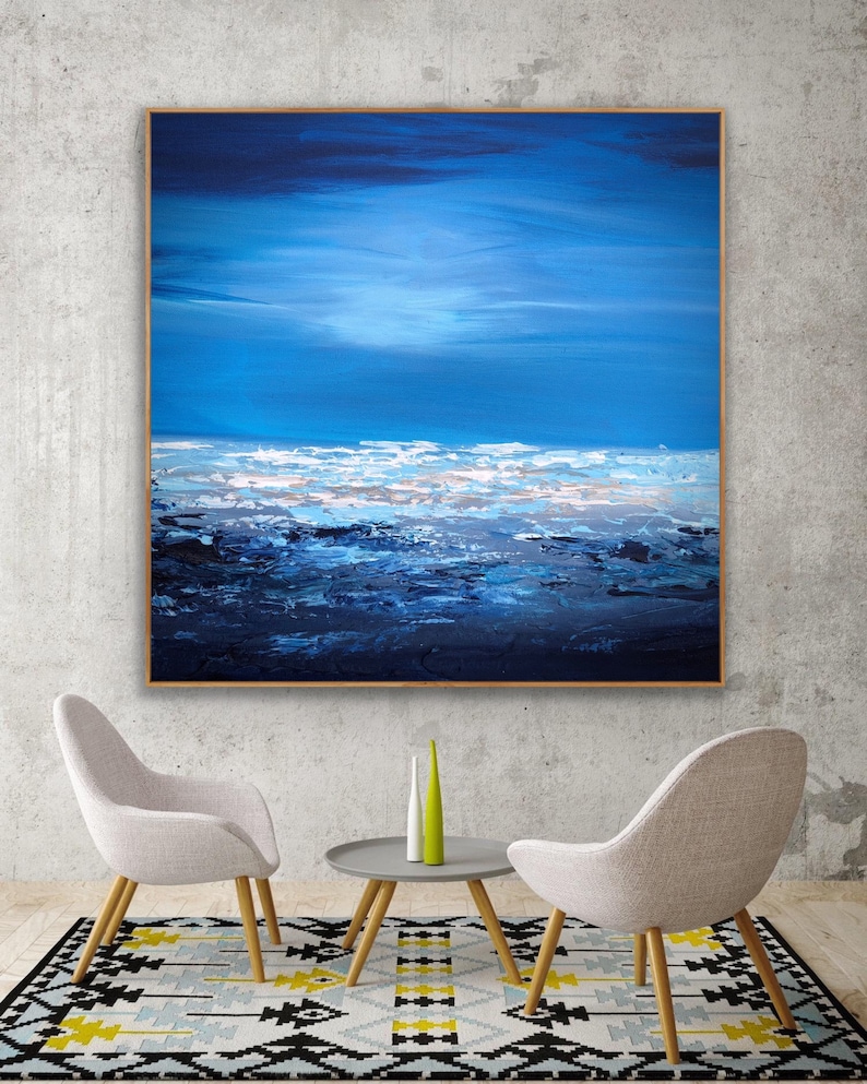 ORIGINAL Blue Abstract Painting on Canvas Light Dark Blue Modern Art ...