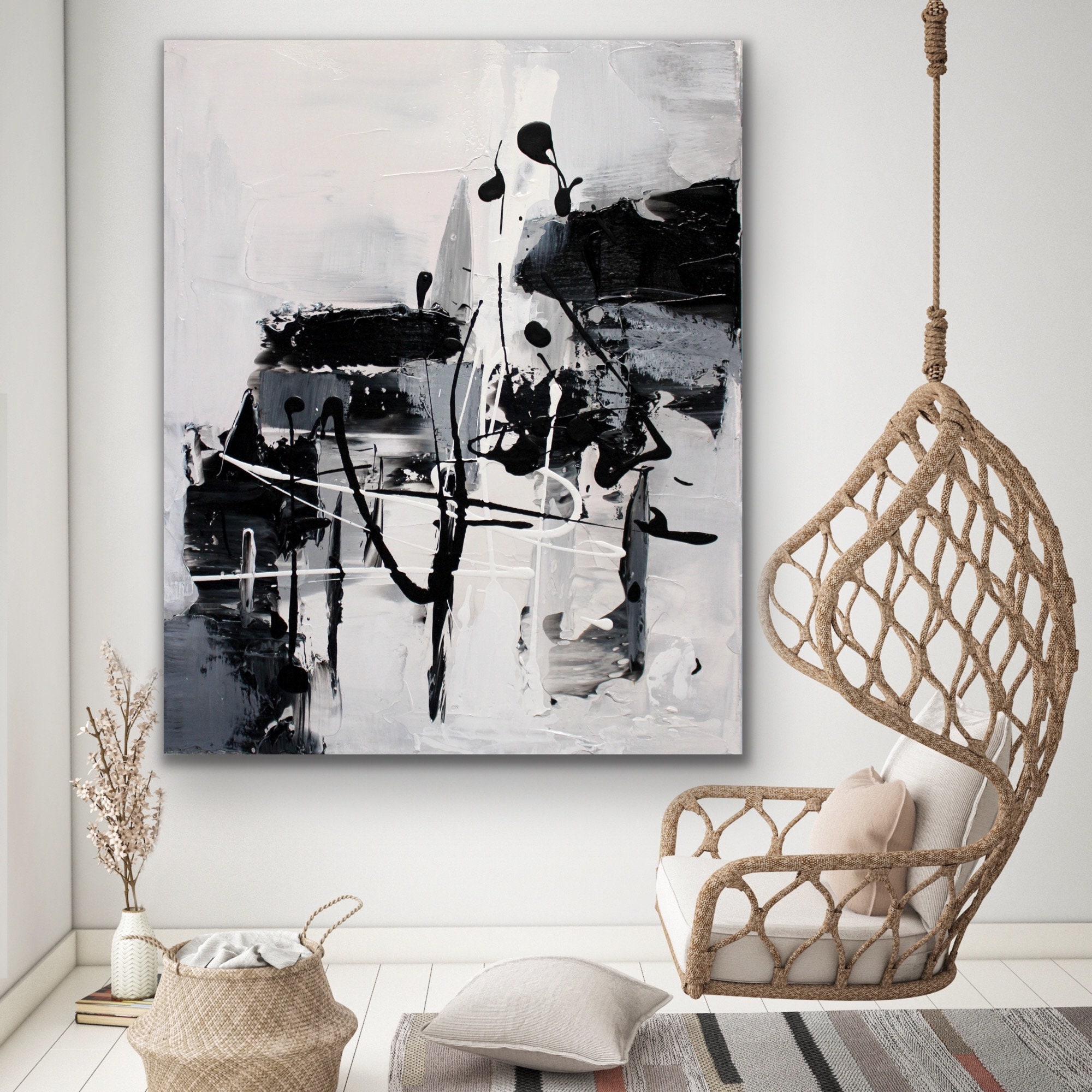 72x60 Inches Original Handmade Abstract Large Black Gray White