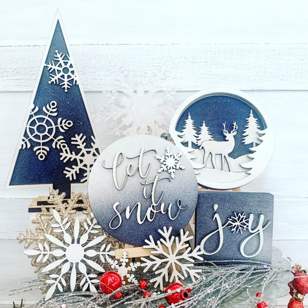 Winter snowflakes Christmas tiered tray - let it snow decor - 3D laser cut mini sign - snowman sign - winter theme tiered tray decor