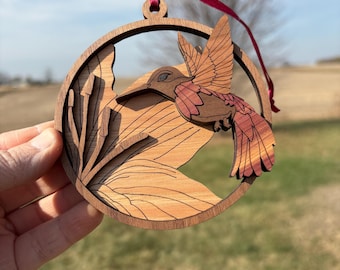 hummingbird ornament, wooden nature ornament, ornament gift, Christmas tree ornament