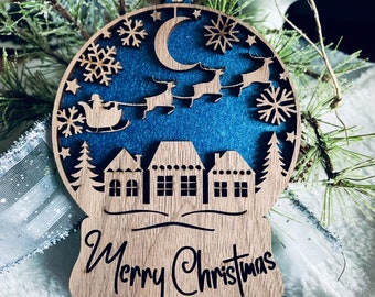 Merry Christmas snow globe ornament - wooden night before Christmas ornament- laser cut ornament - winter wonderland
