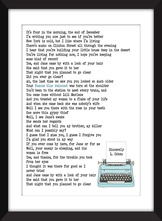 Leonard Cohen Famous Blue Raincoat Lyrics Unframed Print Etsy