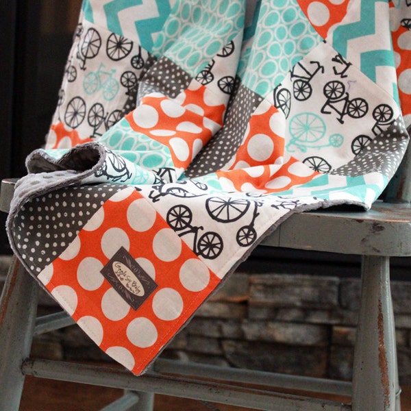 Patchwork Baby Quilt - Orange, Grey and Aqua Bike Blanket