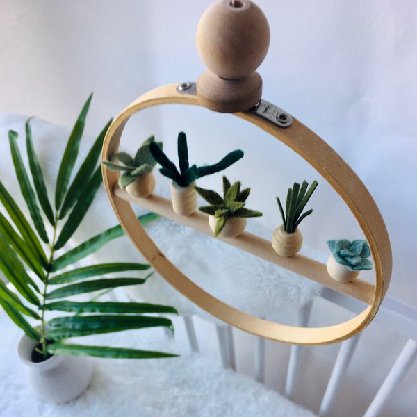 Succulent Baby Mobile - Minimalist Small Wood Hoop Mobile - Miniature Potted Felt Plants