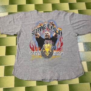 May include: Grey t-shirt with a graphic of a wrestler, the text "STONE COLD" above and "STEVE AUSTIN" below. The graphic includes a skull with a snake and flames.