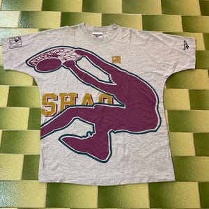 Vintage Reebok Shaq Dunk Shaquille O&#39;Neal All Over Print T-Shirt NBA Basketball Fits like Large Adult