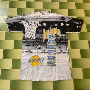 Vintage 1991 NBA Los Angeles Lakers All Over Print T-Shirt 2 Sided Print Fits Medium Made in USA