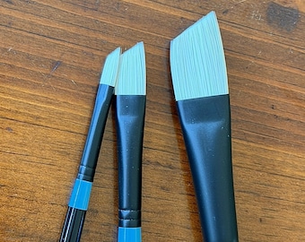 May include: Three paint brushes with black handles, blue ferrules, and white synthetic bristles. The brushes feature angled tips and are labeled with the text ASPEN and PRINCETON, with the largest brush clearly marked with the number 10.