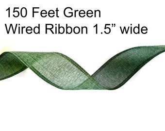 May include: 150 feet of green wired ribbon, 1.5 inches wide. The ribbon is a light green colour and has a slight sheen to it.